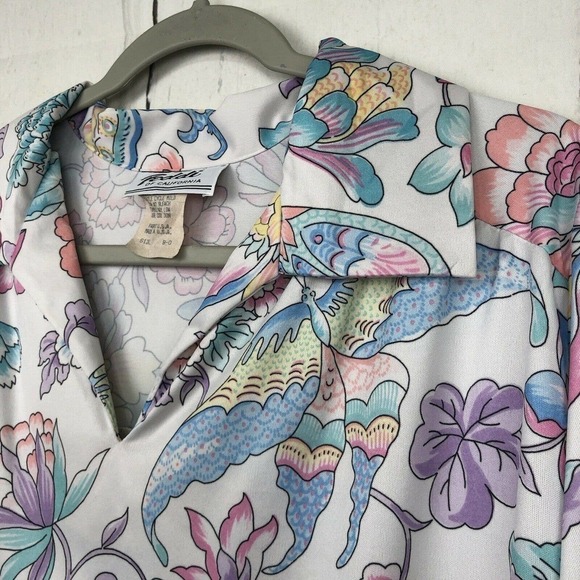Vintage Teddi Of California Size 2X Butterfly Floral Print Top 3/4 Tab Sleeves - Picture 2 of 4